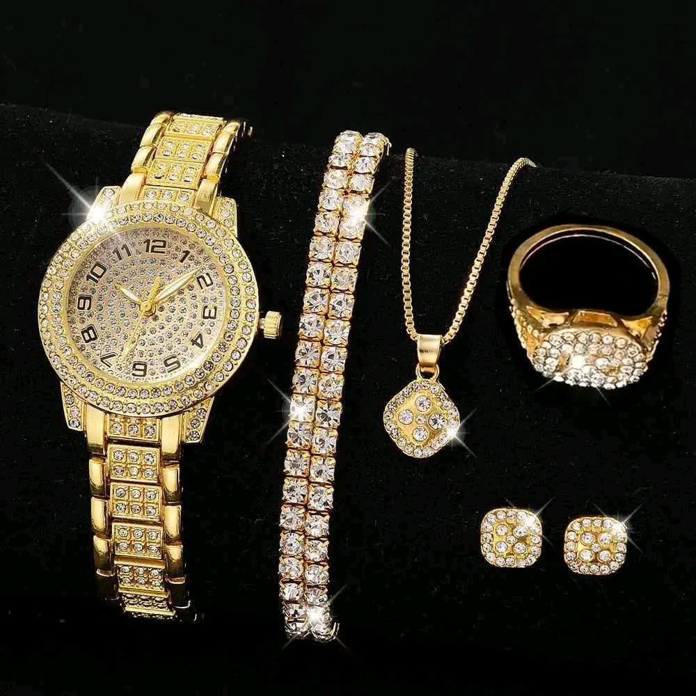 Elegant golden watch with matching jewelry set for women’s fashion and gifting

