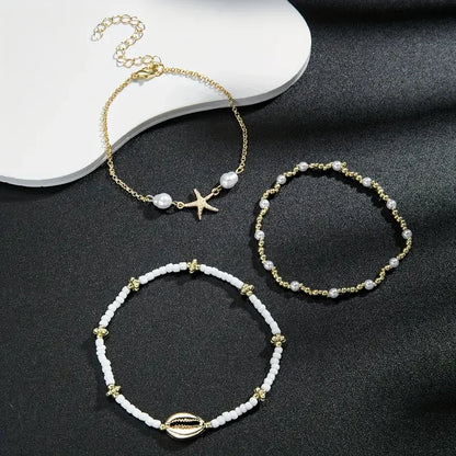 3-piece beach anklet set with starfish and shell charms