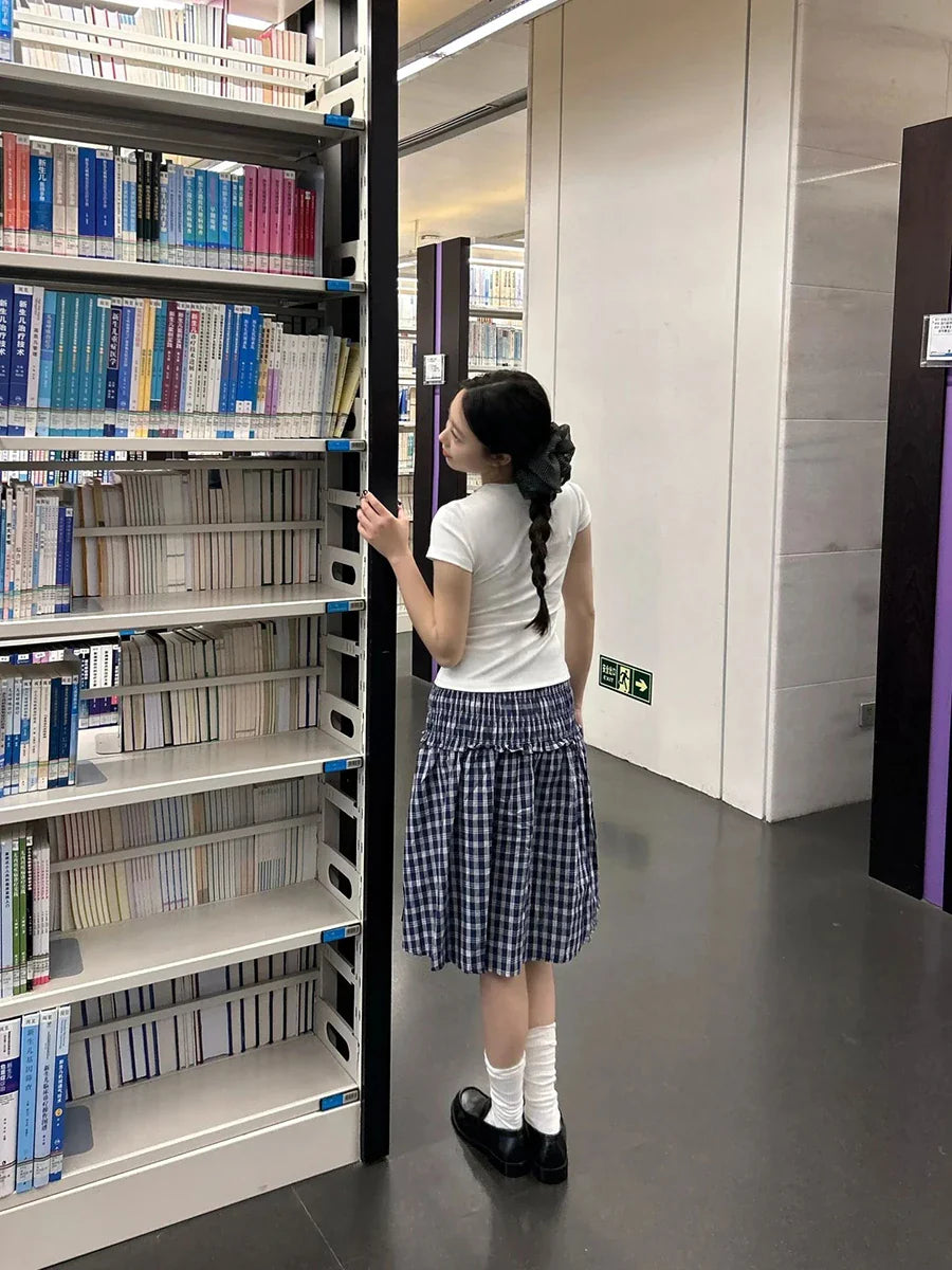 BXOXO Navy Plaid Knee-Length Skirt with ruffles, women’s Y2K preppy A-line skirt for summer fashion