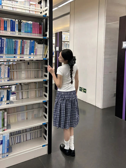 BXOXO Navy Plaid Knee-Length Skirt with ruffles, women’s Y2K preppy A-line skirt for summer fashion
