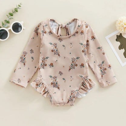 Baby girl floral bathing suit with backless design for summer swimming

