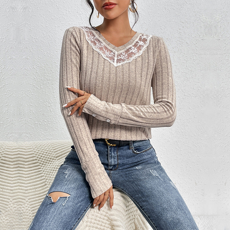Women's slim fit lace V-neck t-shirt with patchwork texture and sunken stripe knitted design