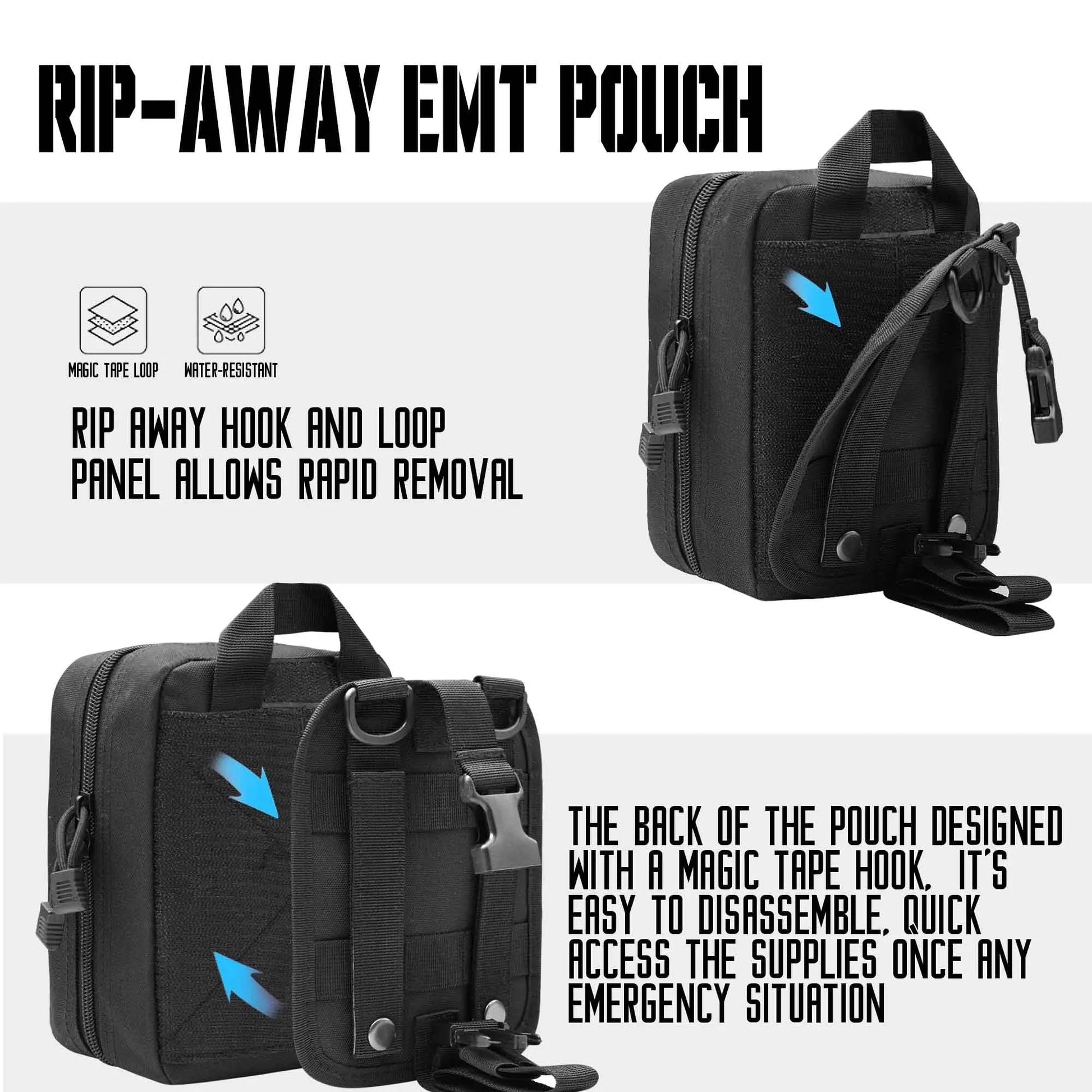 Rip away EMT pouch with molle attachment for hiking and emergency use