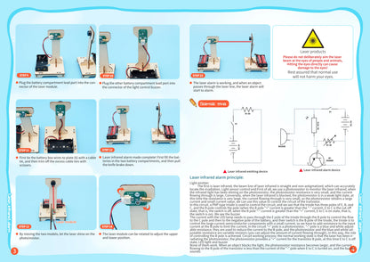 Child building DIY infrared alarm STEM kit on table