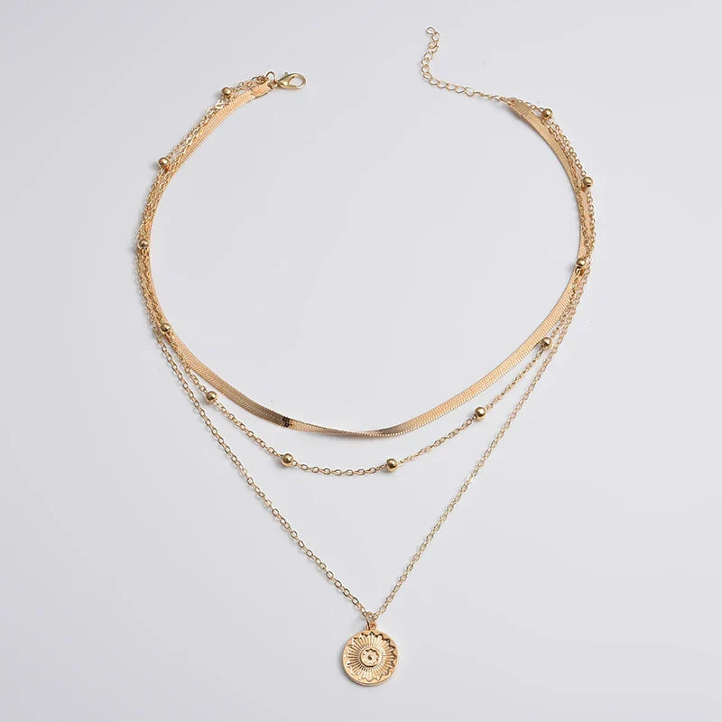 925 sterling silver three layer necklace with round charm