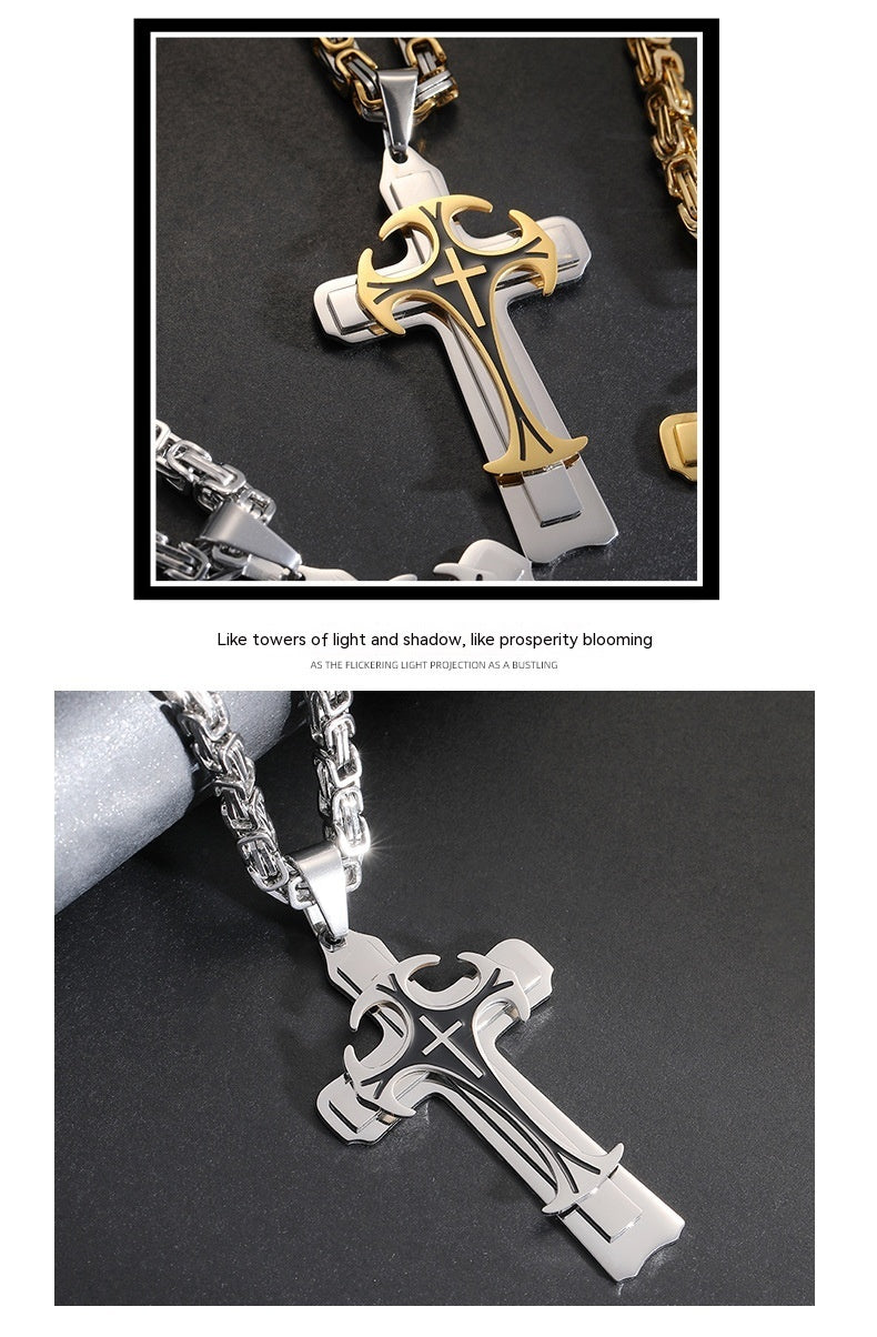 Men’s titanium steel trinity cross necklace with polished pendant