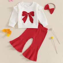 Girls red bow bellbottom outfit for toddlers and kids on white background

