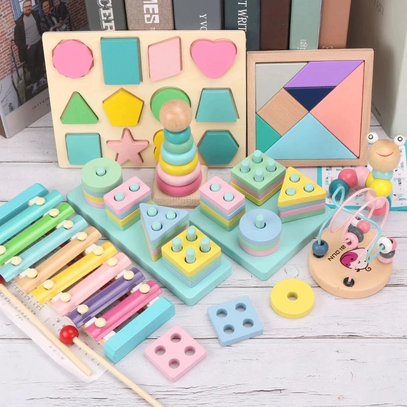 Montessori wooden toys with colorful blocks for toddler learning and play

