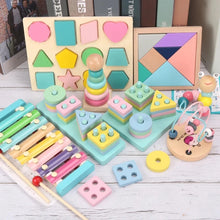 Montessori wooden toys with colorful blocks for toddler learning and play


