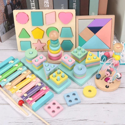 Montessori wooden toys with colorful blocks for toddler learning and play

