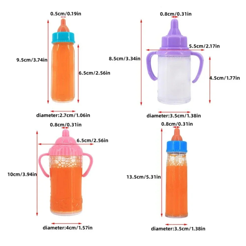 Baby doll feeding bottle set with milk, juice bottles, and pacifier