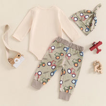 Newborn baby boy wearing 3 piece fall outfit with romper and tractor pants

