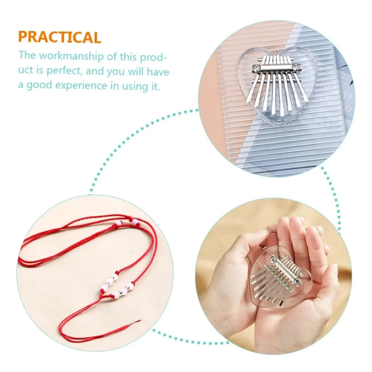 Mini Kalimba with 8 keys in transparent rainbow acrylic heart-shaped body

