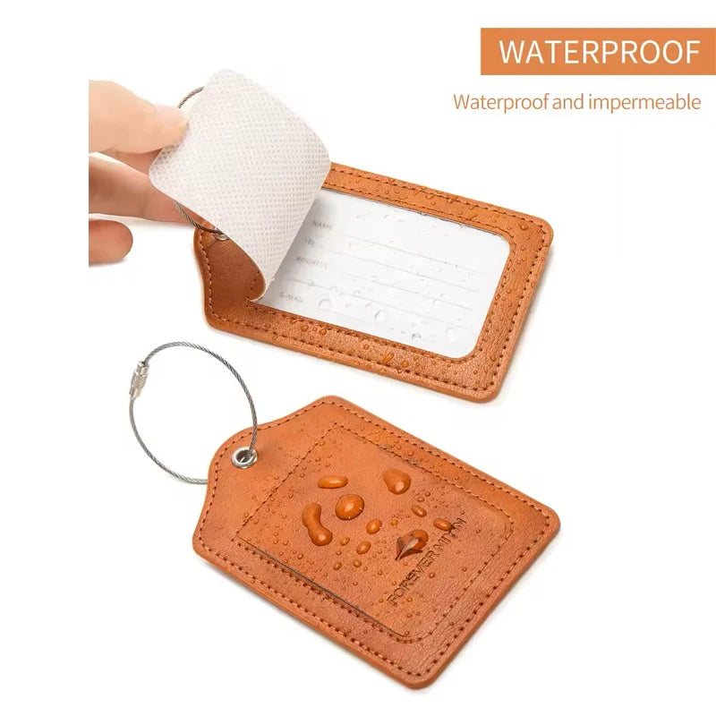 PU leather luggage tag with anti-loss wire loop and privacy cover

