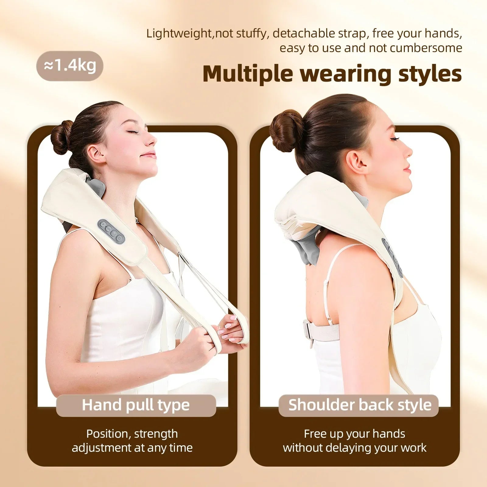 Woman using a portable back and neck massager at home for pain relief

