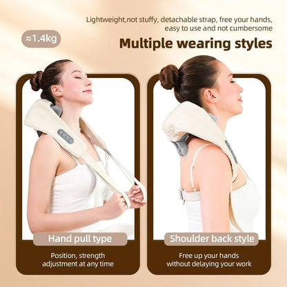 Woman using a portable back and neck massager at home for pain relief

