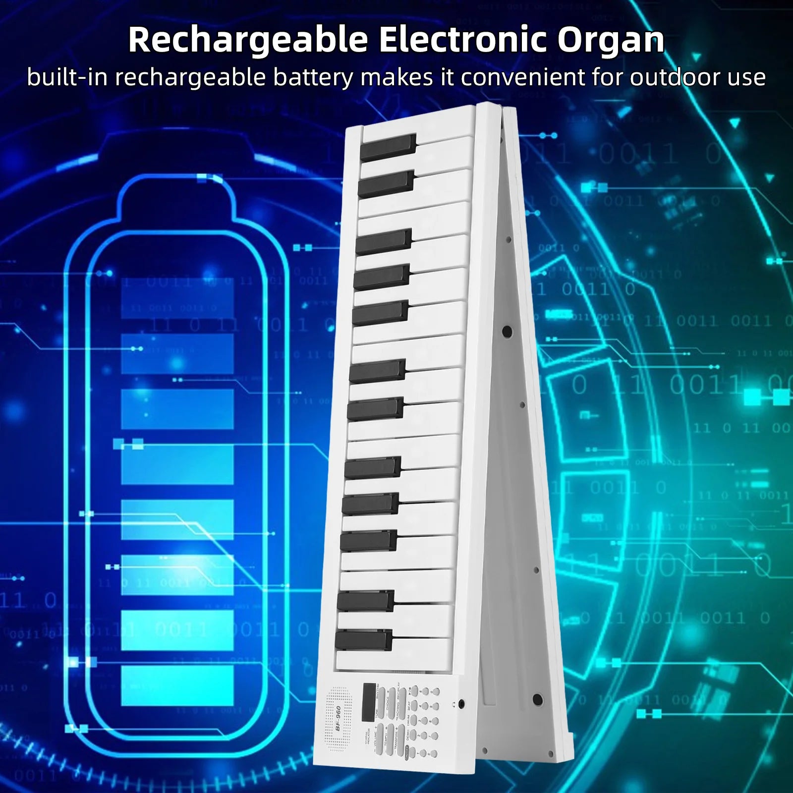 61-key foldable electronic piano with LED display and built-in battery for portable music practice

