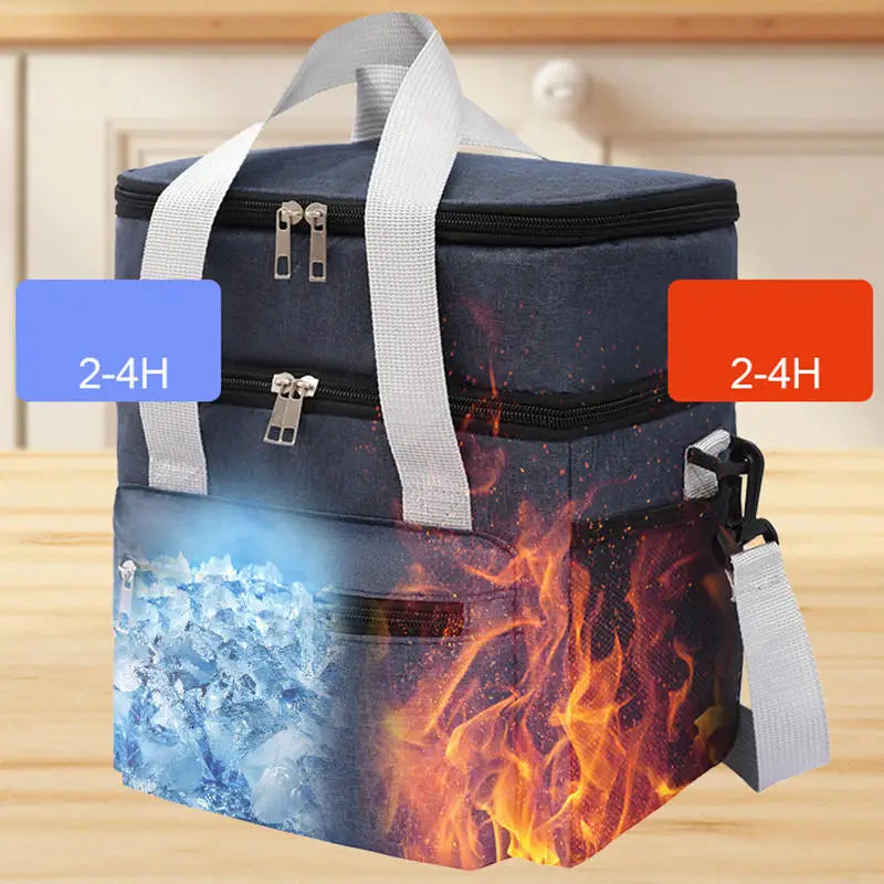 Double layer cooler lunch bag with shoulder strap for travel and picnic

