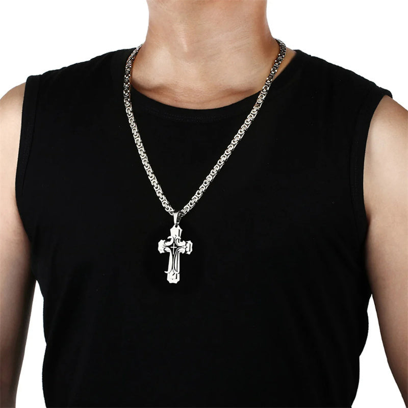 Men’s titanium steel trinity cross necklace with polished pendant