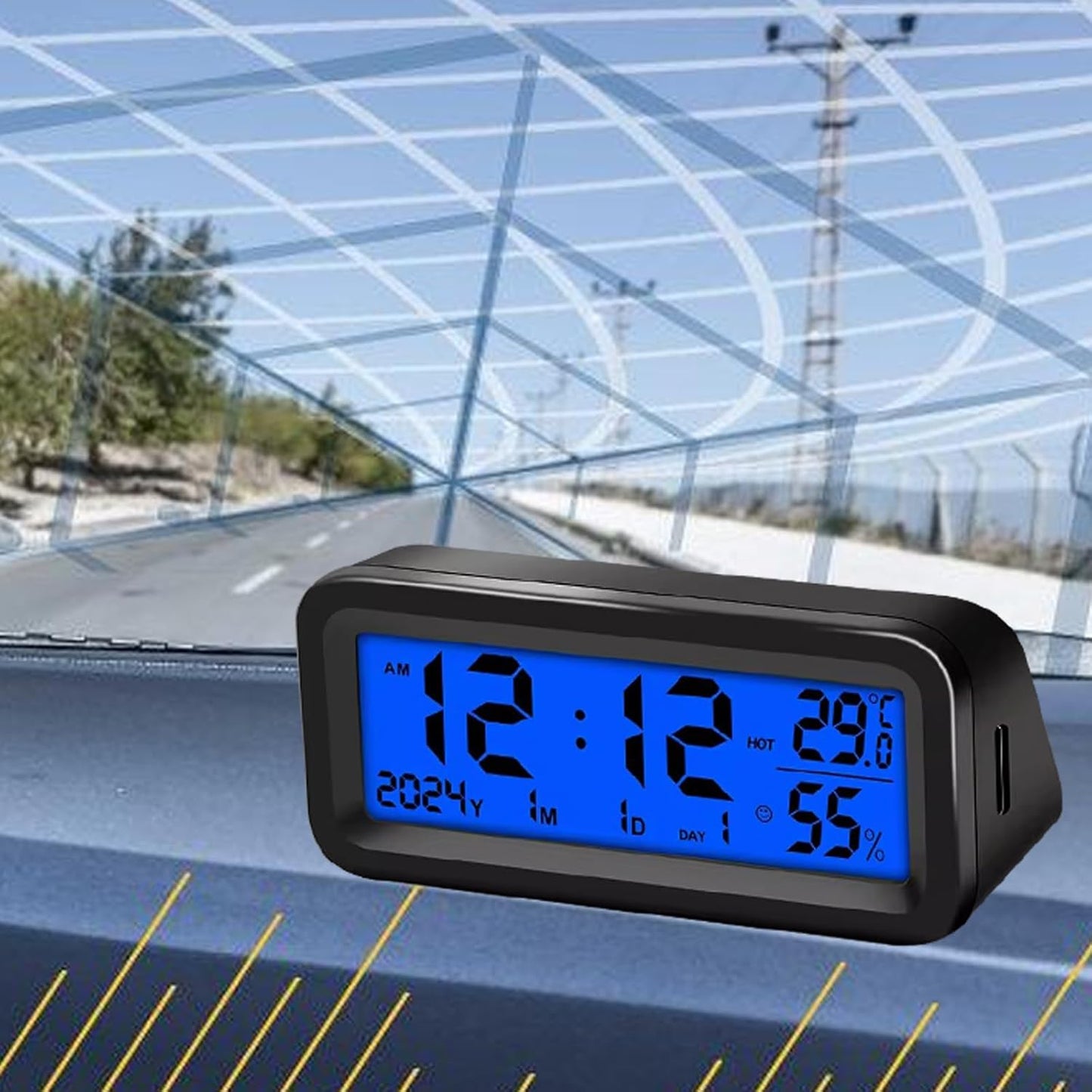 Rechargeable Car Digital Clock with Time, Date, Temperature & Humidity Display for Dashboard