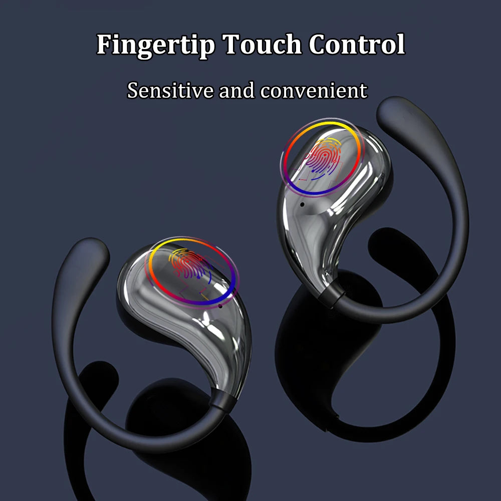 Bluetooth 5.4 Ear Hook Headphones with TWS wireless tech, HiFi stereo sound, waterproof design, LED display, and long standby touch earbuds