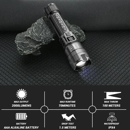 Ultra Bright LED Flashlight with 2000LM Output, Type-C Rechargeable Zoom Torch for Camping, Emergency, and Outdoor Use