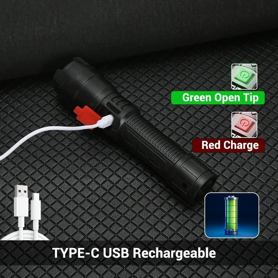 Ultra Bright LED Flashlight with 2000LM Output, Type-C Rechargeable Zoom Torch for Camping, Emergency, and Outdoor Use