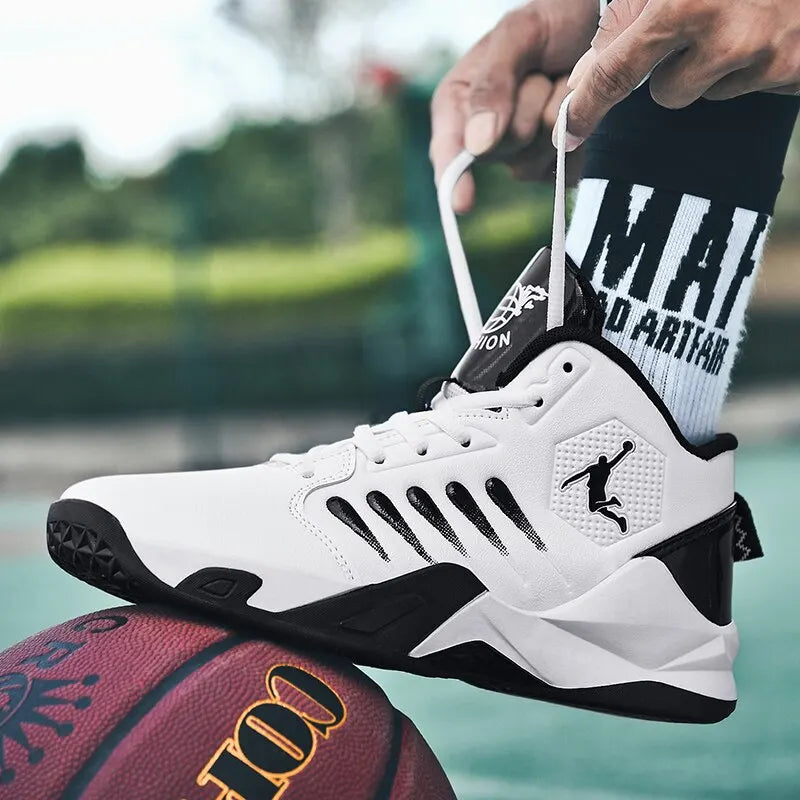 Side view of men's lightweight basketball shoes in black and red


