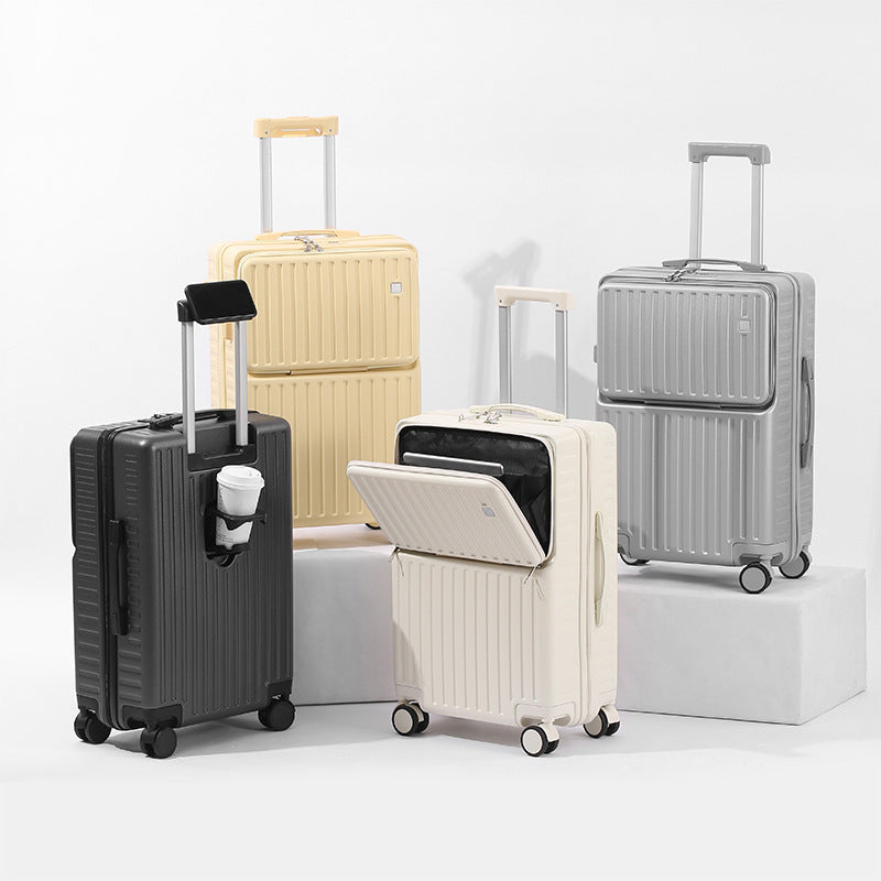 White USB travel suitcase with cup holder and front opening compartment