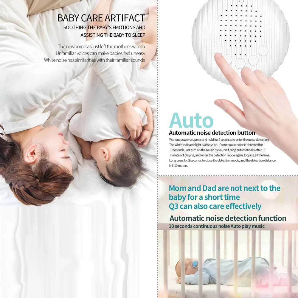 Portable baby sleep machine with white noise and 10 relaxing sound options

