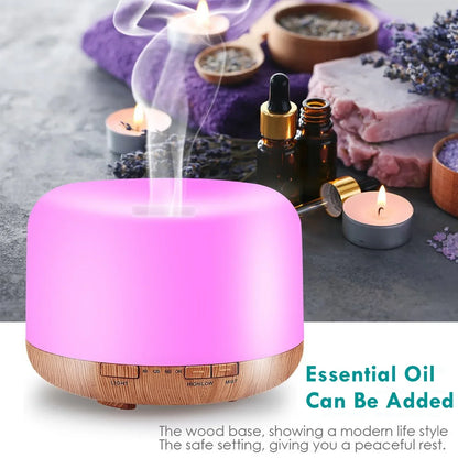 Mini Size Wood Grain Aroma Diffuser USB Essential Oil Humidifier with 500ml Capacity and Colorful Night Lights