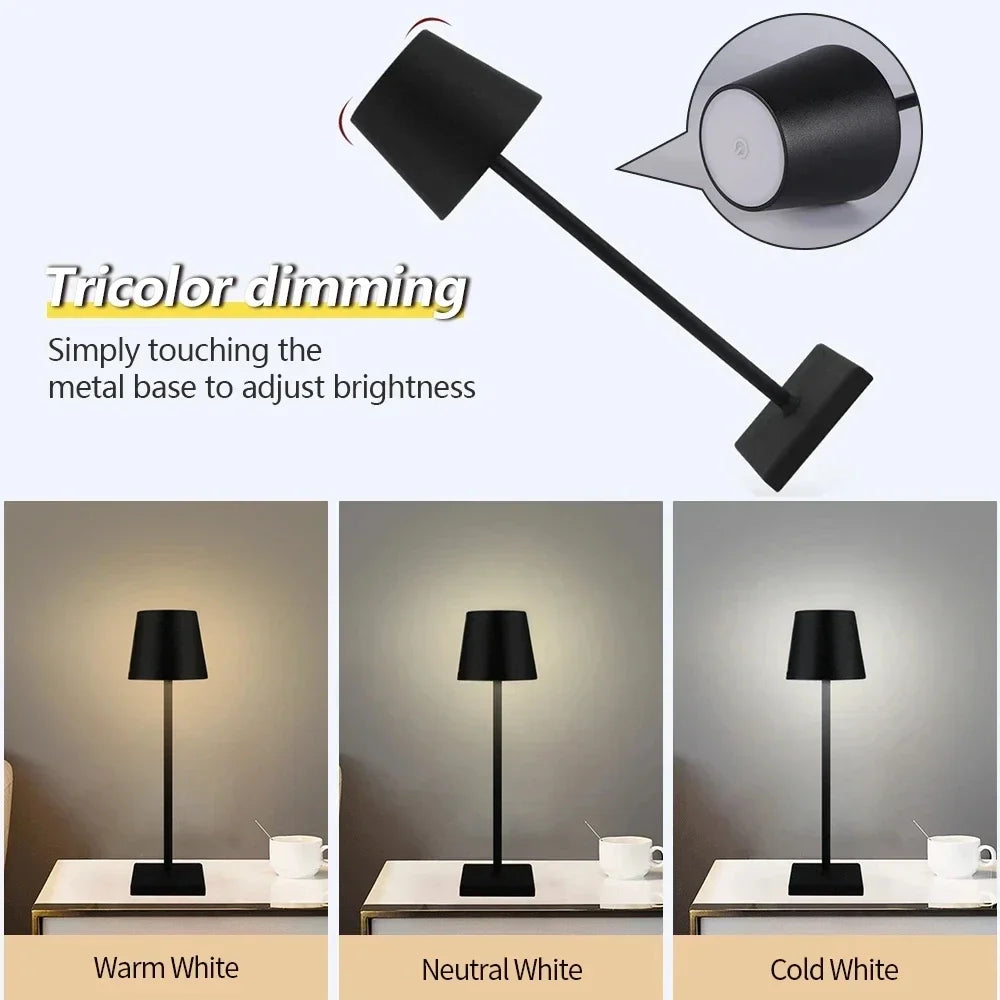 LED Stolní Lampa with touch control glowing on a restaurant table