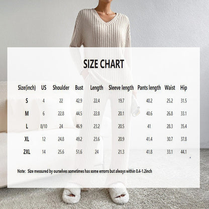 Women's 2-piece ribbed outfit with V-neck long sleeve top and straight-leg pants in solid color for fall and winter