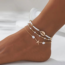 3-piece beach anklet set with starfish and shell charms