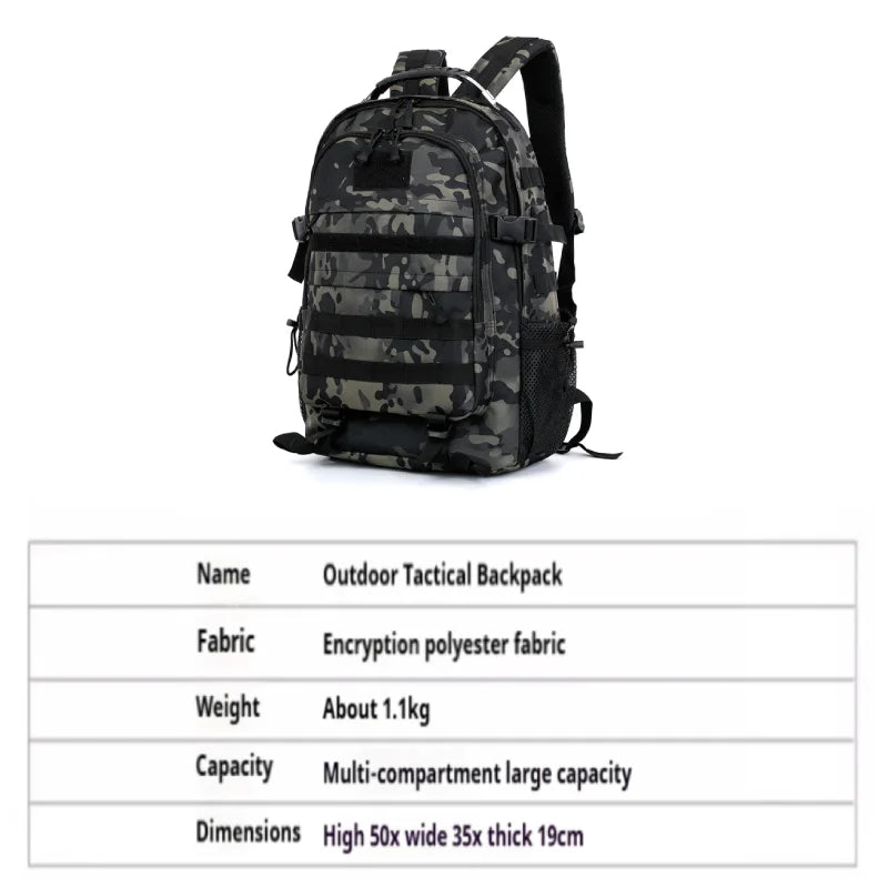 Large capacity hiking backpack with multiple compartments for travel and camping

