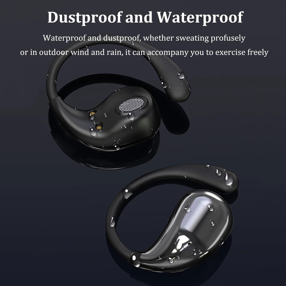 Bluetooth 5.4 Ear Hook Headphones with TWS wireless tech, HiFi stereo sound, waterproof design, LED display, and long standby touch earbuds