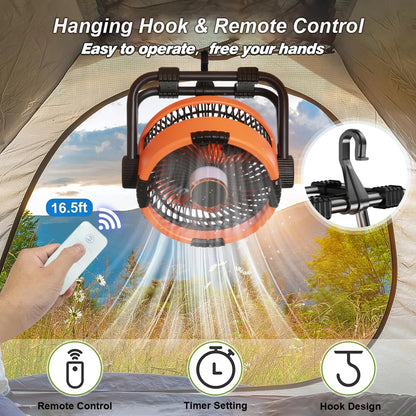 Camping Fan 20000mAh Rechargeable with LED Light and Hook for Tent Ceiling and Outdoor Air Circulation