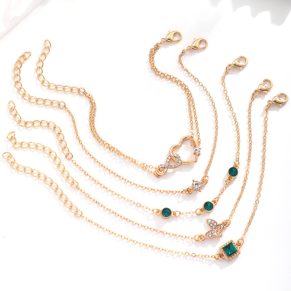 Women’s 5-piece bohemian green crystal bracelets with heart design
