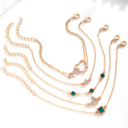 Women’s 5-piece bohemian green crystal bracelets with heart design