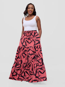 Vivo Serwa Coral and Black Tiered Maxi Skirt Wera Print for Women

