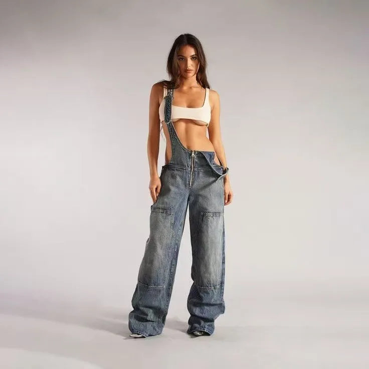 Women's Backpack Pants Street Style Low Waisted Strappy One-Piece Wide Leg Jeans, perfect for trendy 2025 fashion