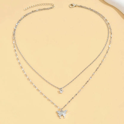 Women's double layer butterfly necklace with sparkling silver chain