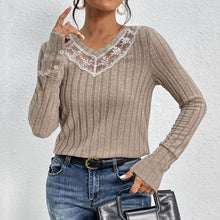 Women's slim fit lace V-neck t-shirt with patchwork texture and sunken stripe knitted design