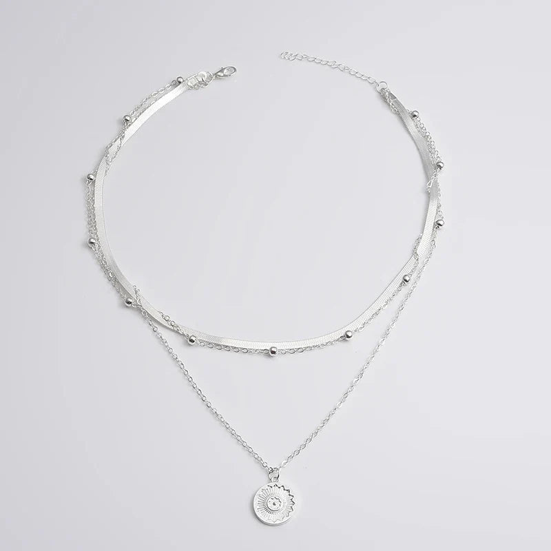 925 sterling silver three layer necklace with round charm