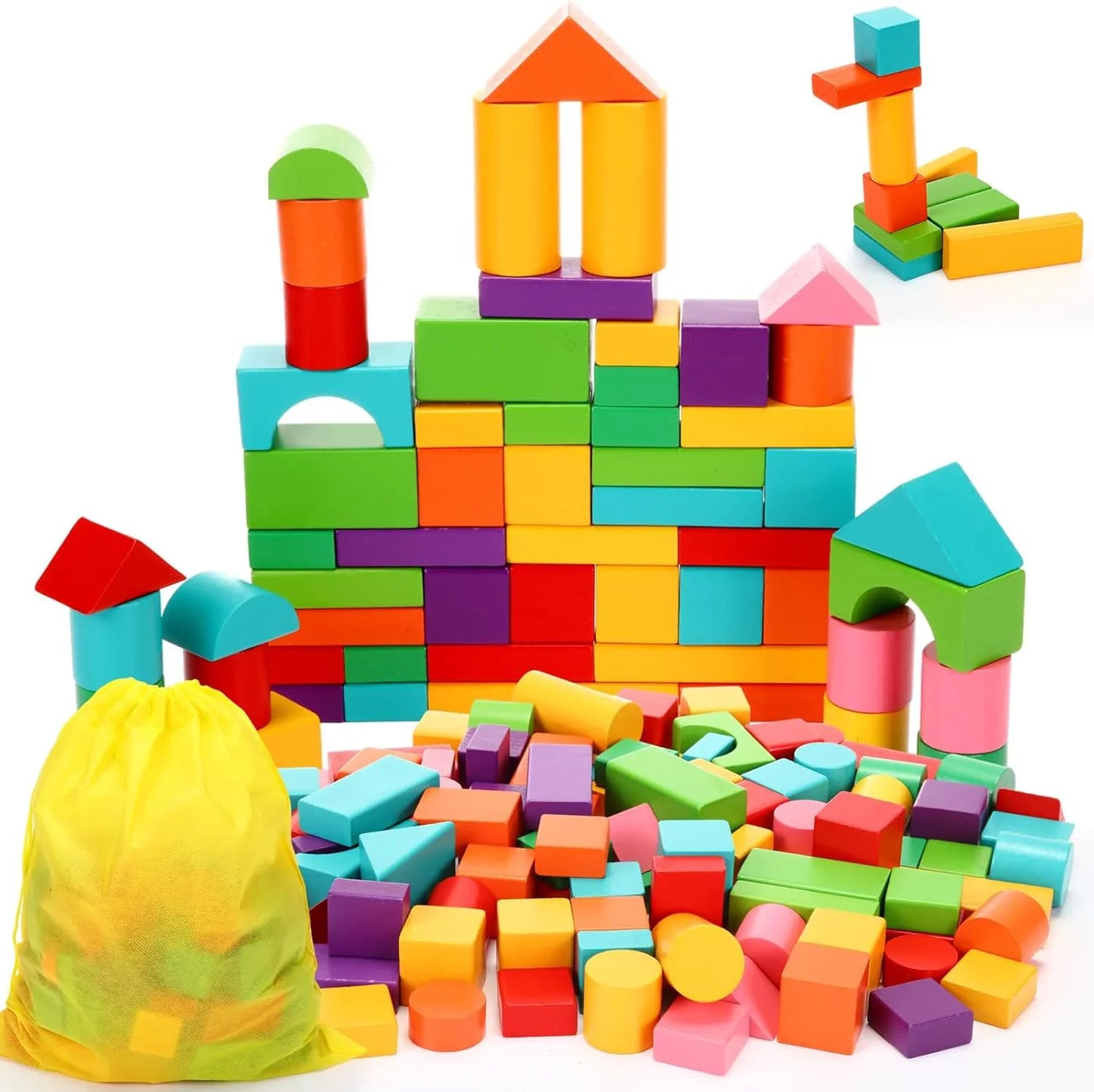 Wooden Building Blocks Set with 100 Pieces and Storage Bag