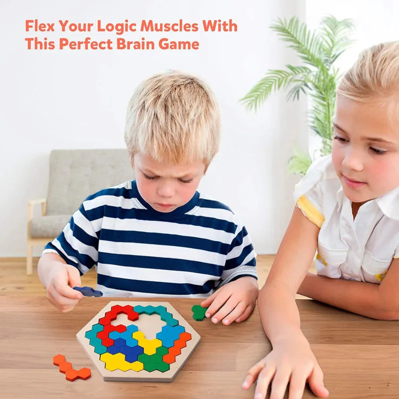 Montessori wooden puzzle for kids with hexagon tangram design

