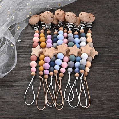 Baby pacifier chain with wooden pentagram teether and silicone beads for teething relief