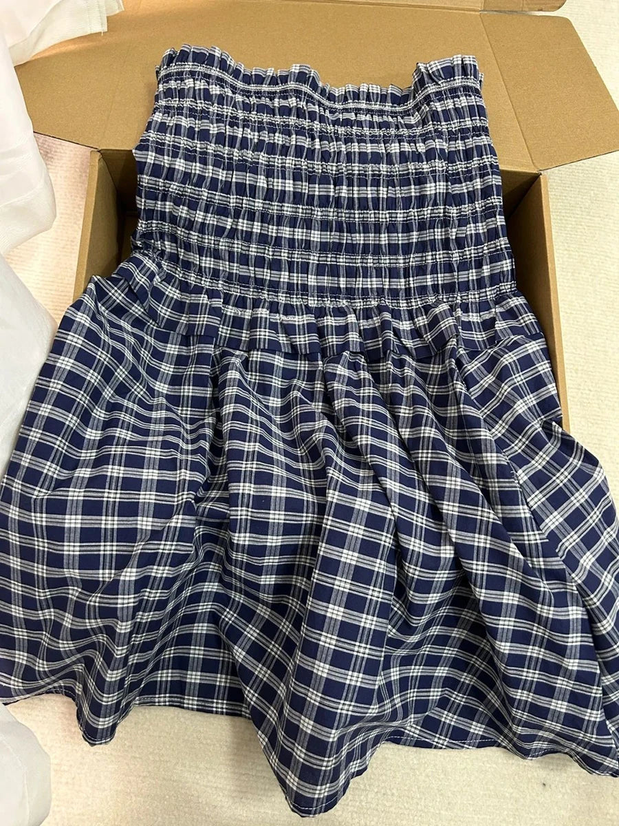 BXOXO Navy Plaid Knee-Length Skirt with ruffles, women’s Y2K preppy A-line skirt for summer fashion